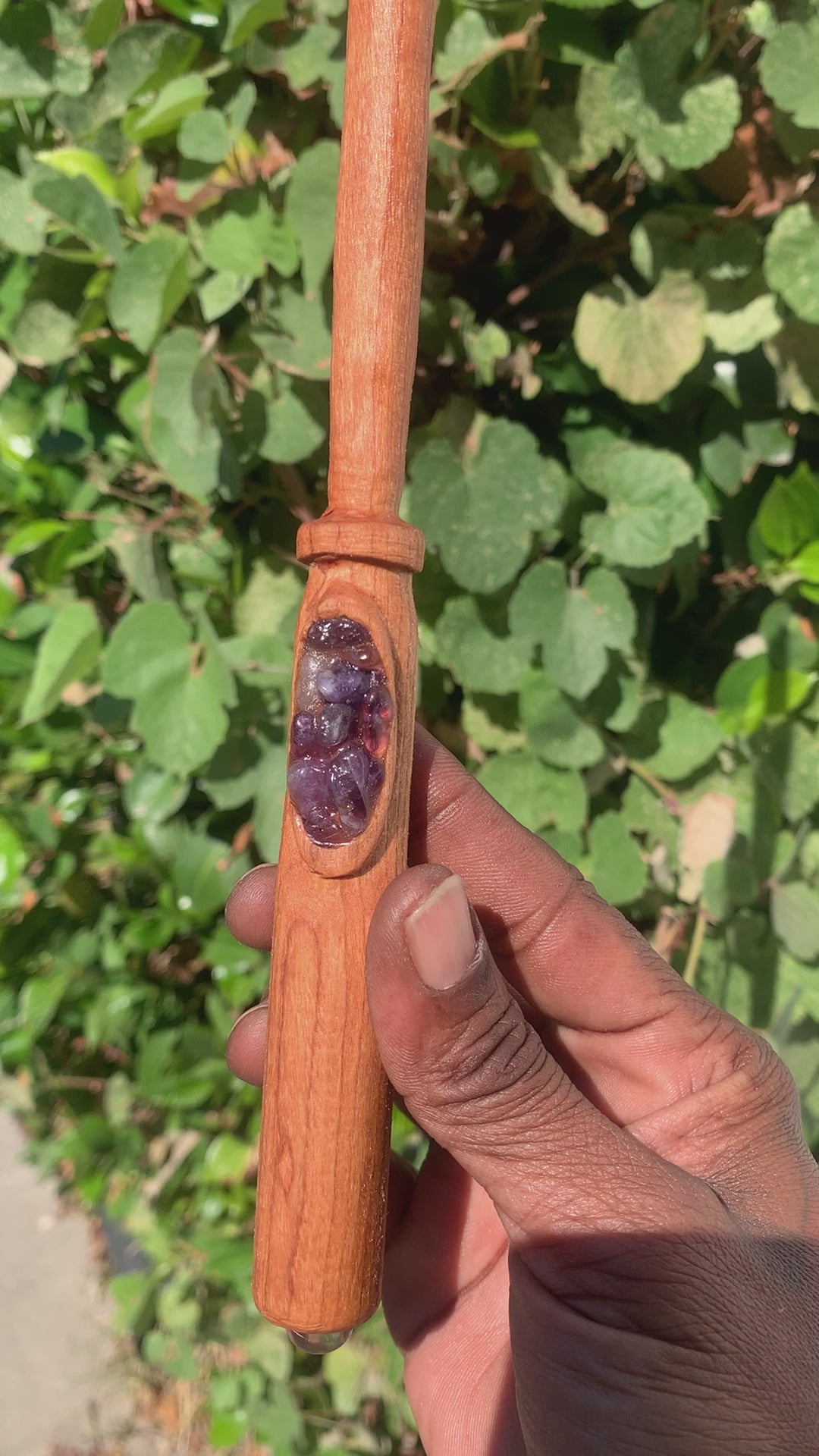 Hand-Carved Reiki Energy Healing Wand | Cherry Wood with Crystal Quartz & Amethyst